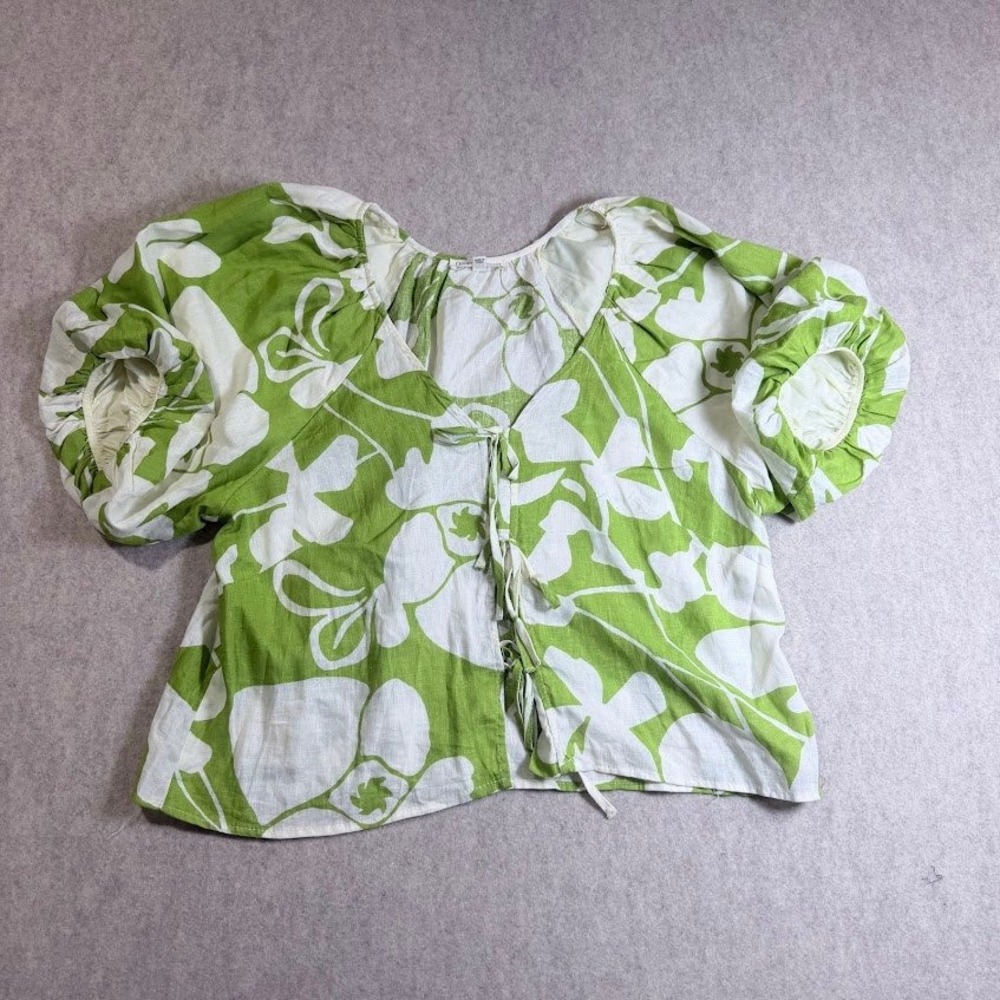 Christian Siriano Blouse Wmns Large Green Linen Blend Tie Front Puff Sleeve Boho